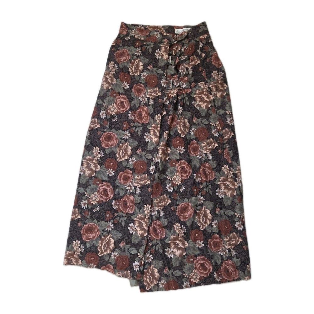 Vintage JH Collectibles Brown Floral Buckle Front Midi Skirt Made in USA Size 6